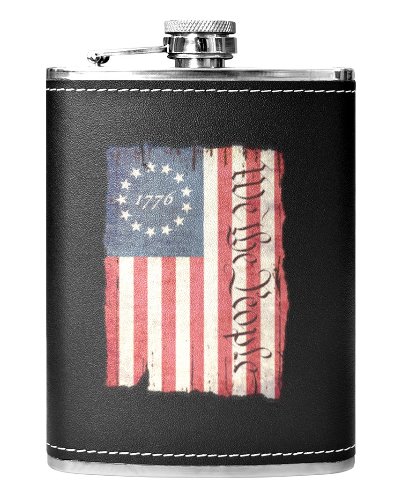weathered Betsy Ross We the People leather stainless steel flask